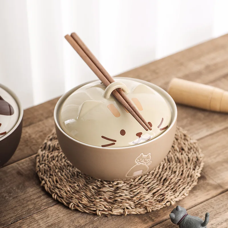 Japanese Creative Ceramic Soup Bowl Cute Cartoon Animals with Lid Cat Bowl Household Instant Noodles Bowl Rice Tableware