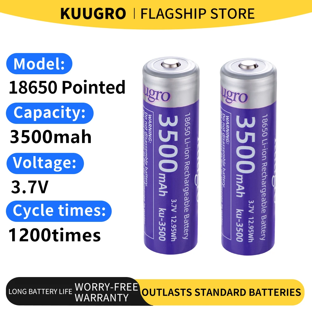 Kuugro Pointed 18650 3500 mAh Lithiumbatterie 3,7 V 12 A Hochgeschwindigkeitsentladung für Taschenlampen mit starkem Licht Image