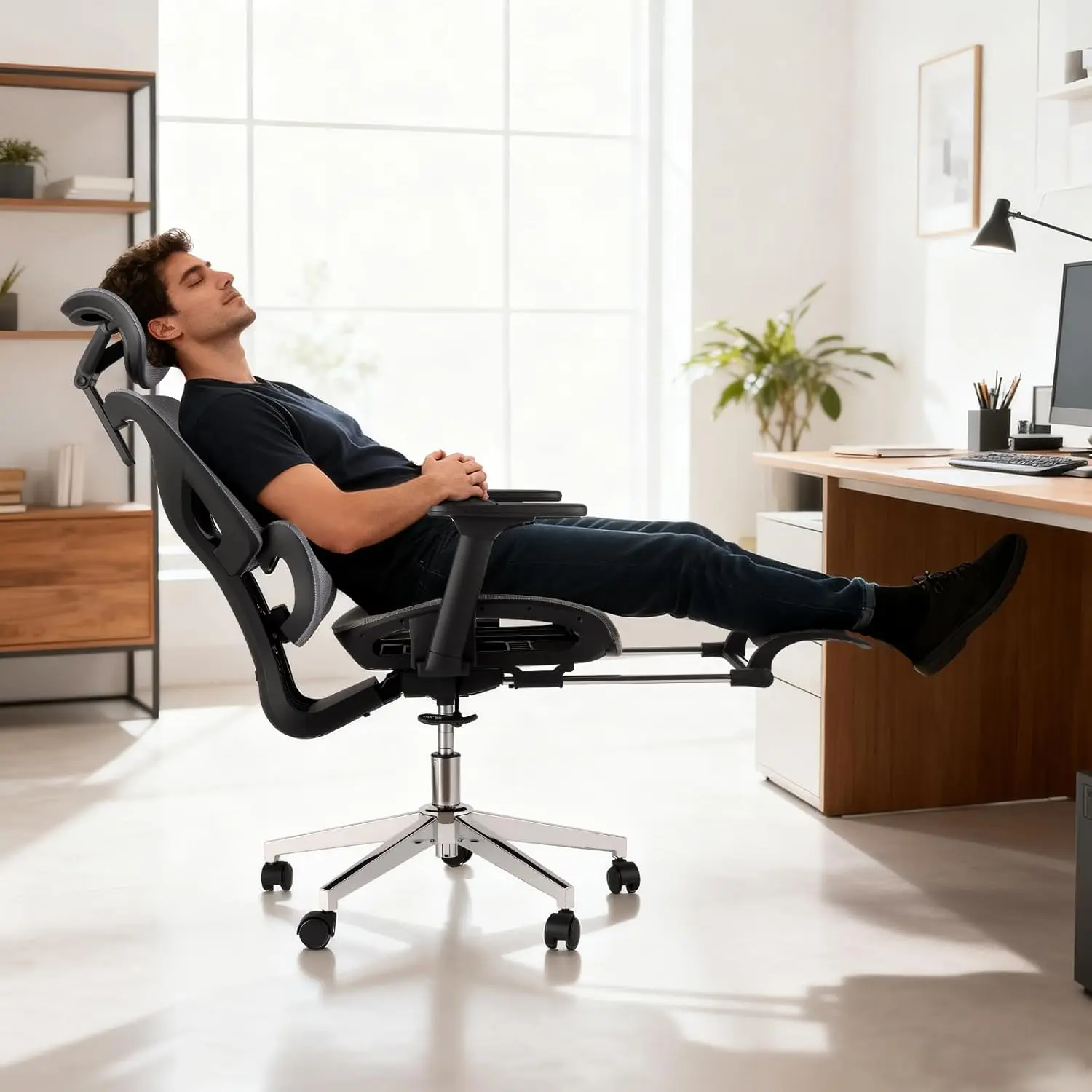Ergonomischer Bürostuhl mit hoher Rückenlehne und Fußstütze: 4D verstellbare Armlehnen, Lendenwirbelstütze, neigbarer Schreibtischstuhl mit geräuschlosen Rollen für das Home Office, 350 lbs Tragkraft, bequeme gepolsterte Sitzmöbel für den...