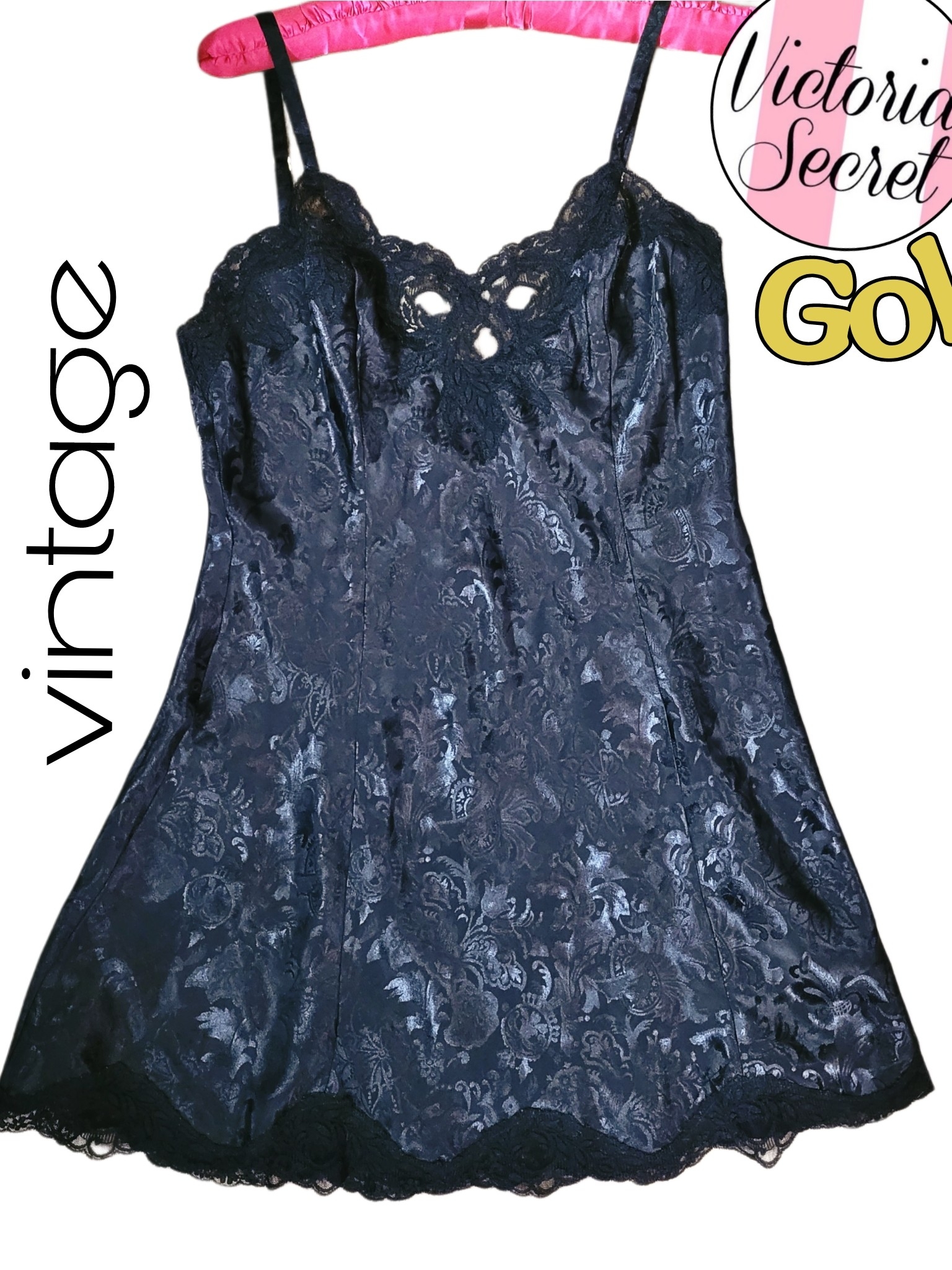Victoria's Secret Intimates & Sleepwear | 1980s Gold Label Victoria's Secret Black Lace Slip Dress Black On Black Floral P | Color: Black | Size: M