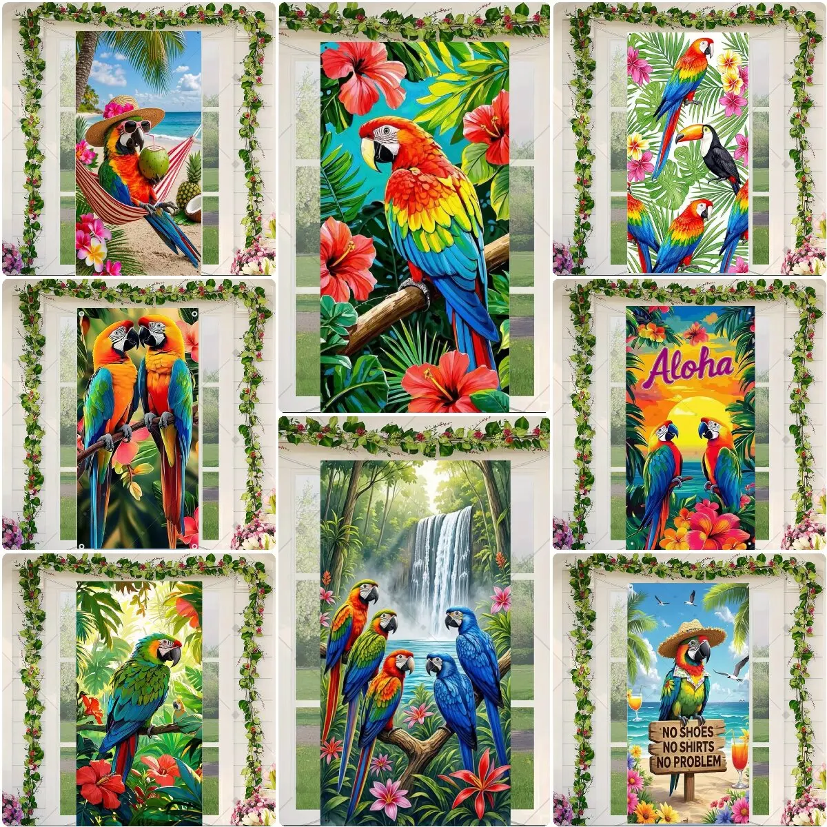 Sommer Strand Pool Tropischer Papagei Aloha Party Flaggen-Dekoration Hintergrund Hawaiianische Party Veranda-Deko Hibiskus Türvorhang Poster Image