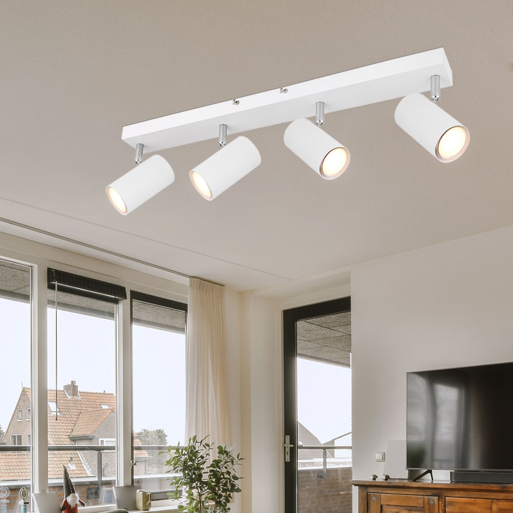 Lampada Da Soffitto Spot 4 Fiamme Faretto Da Soffitto Bianco Plafoniera Led Soggiorno, Con Faretti Orientabili, Metallo, 4x 4.5w 4x 400lm Bianco Caldo, Lxpxh 56x6x12