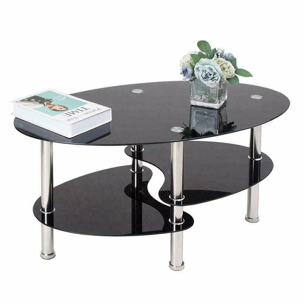 Couchtisch aus Glas, Glastisch 3 Ebenen, ovaler Wohnzimmertisch, Couchtisch, Sofatisch für Wohnzimmer und Büro, 90 x 50 x 45 cm