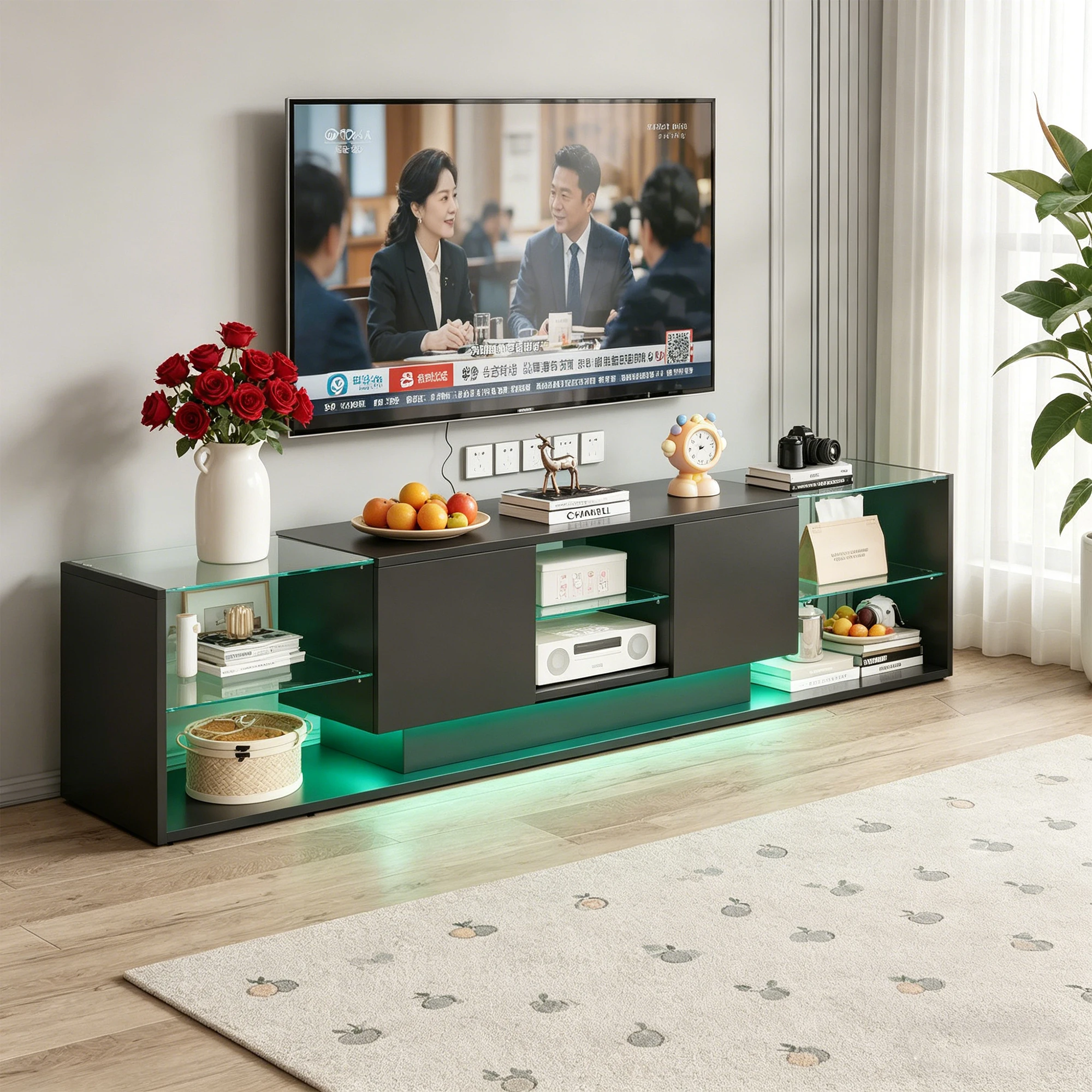 Meuble TV Anajqaqia 200x35x45cm avec éclairage LED, meuble TV bas brillant, meuble TV avec 2 tiroirs et étagères en verre, meuble TV pour salon, noir