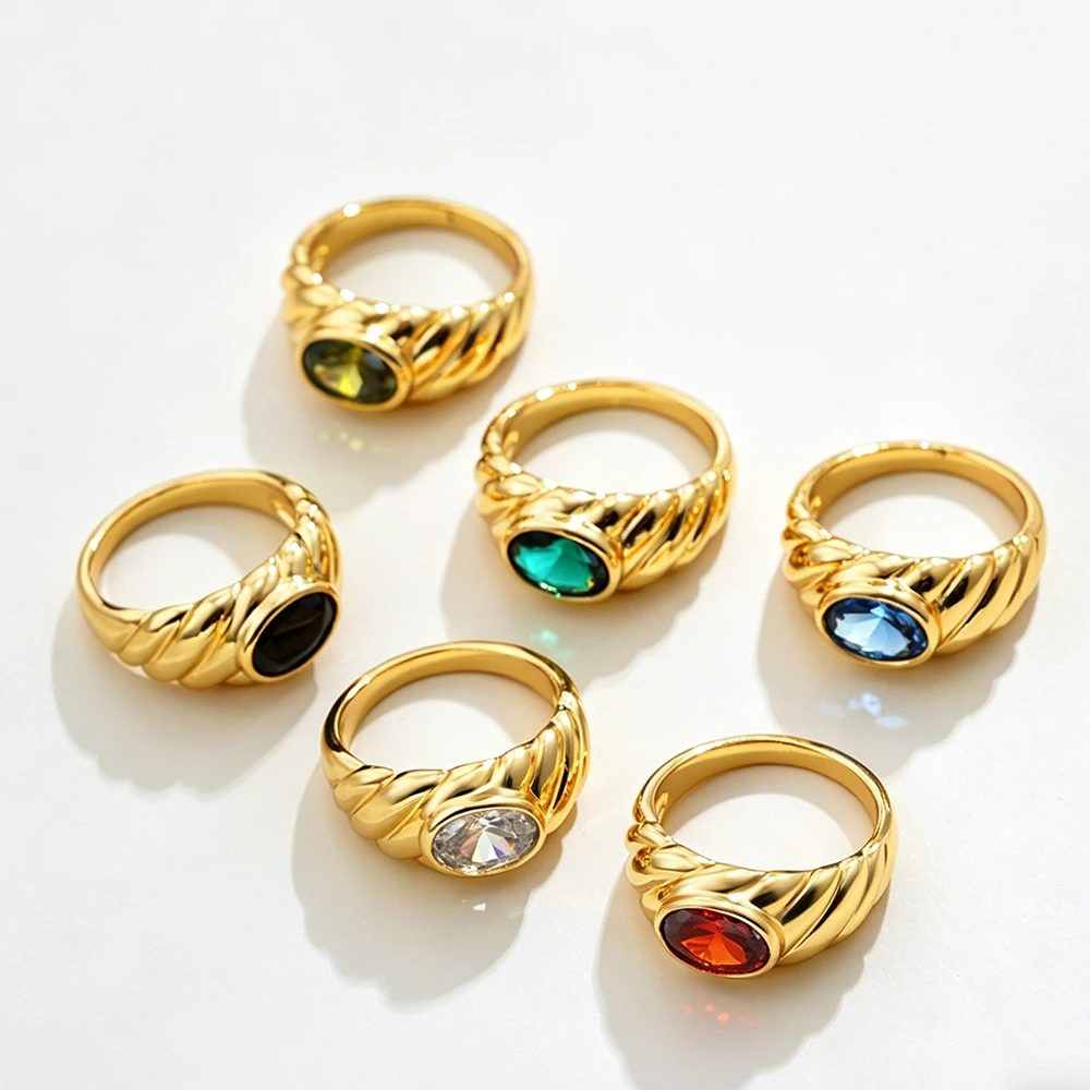Edelstahl Wasserdichter Naturstein-Ring Ovaler Farbiger Zirkon 18K Vergoldeter Metall Glänzender Zirkon Knöchelring Party-Schmuck Image
