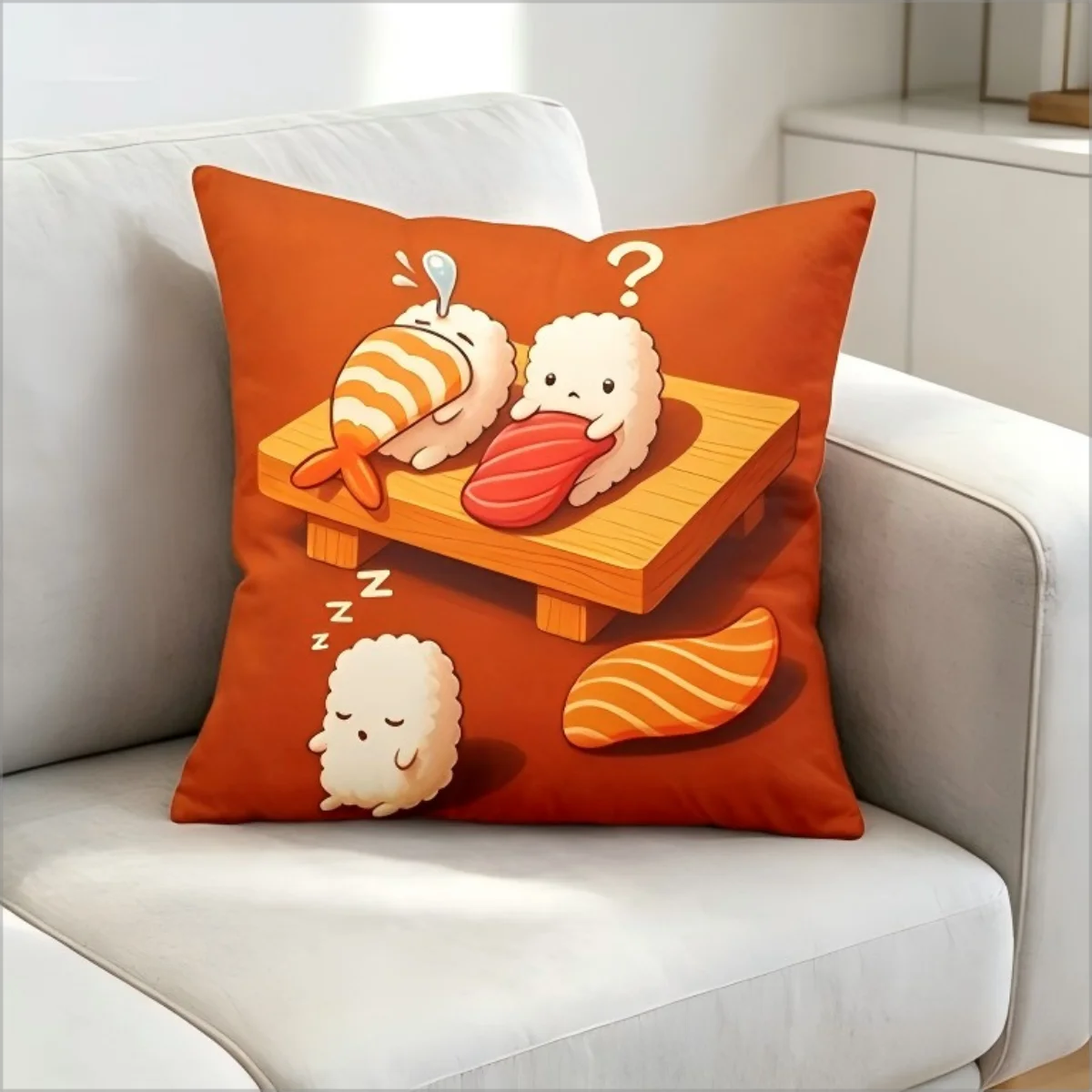 Niedlicher Cartoon-Sushi-Druck Kissenbezug, Kawaii Japanisches Essen Dekorativer Kissenbezug für Sofa Schlafzimmer Image