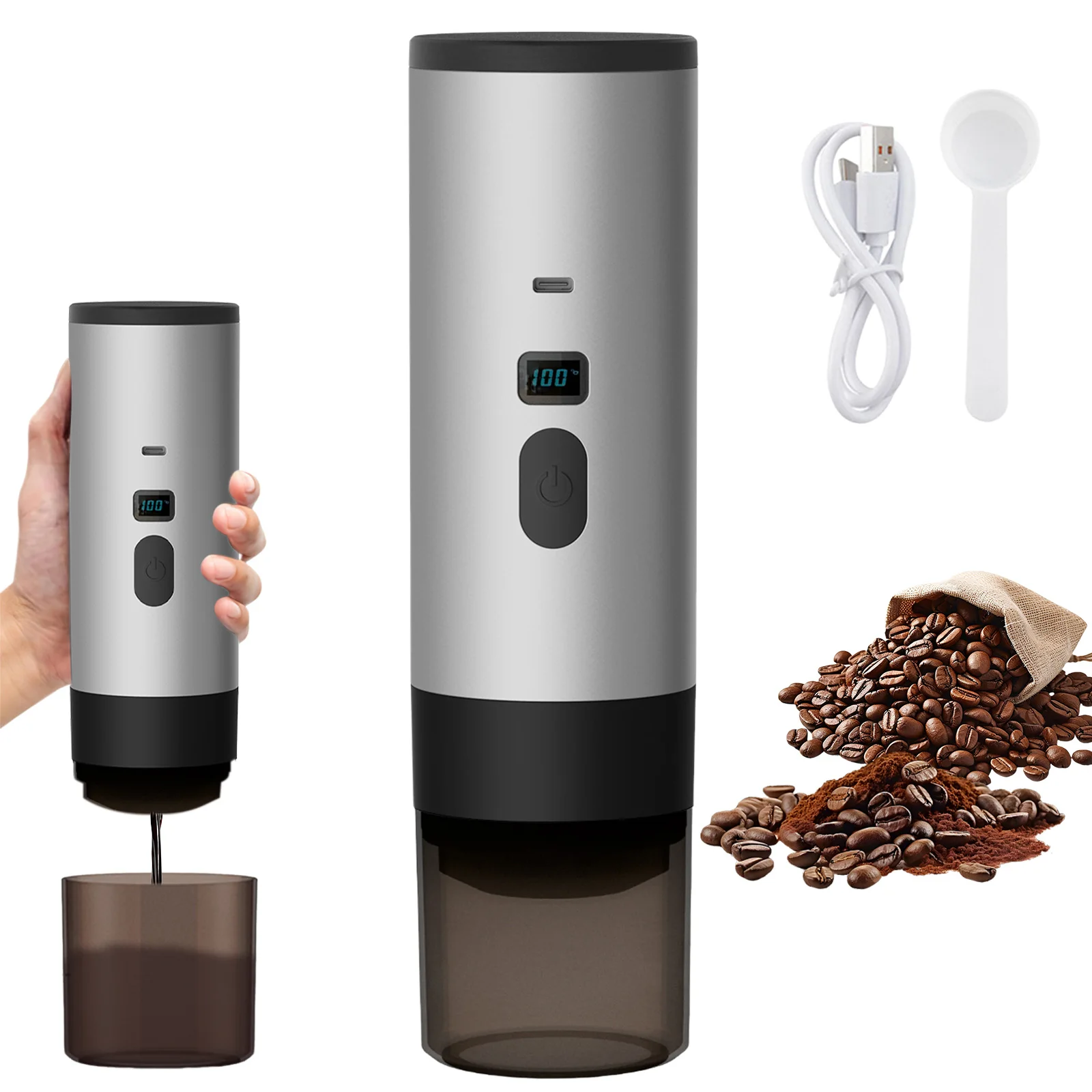 Macchina da caffè portatile completamente automatica 3 in 1, macchina per espresso elettrica senza fili compatibile con capsule Nespresso/Dolce Gusto e caffè macinato, ricaricabile tramite USB per