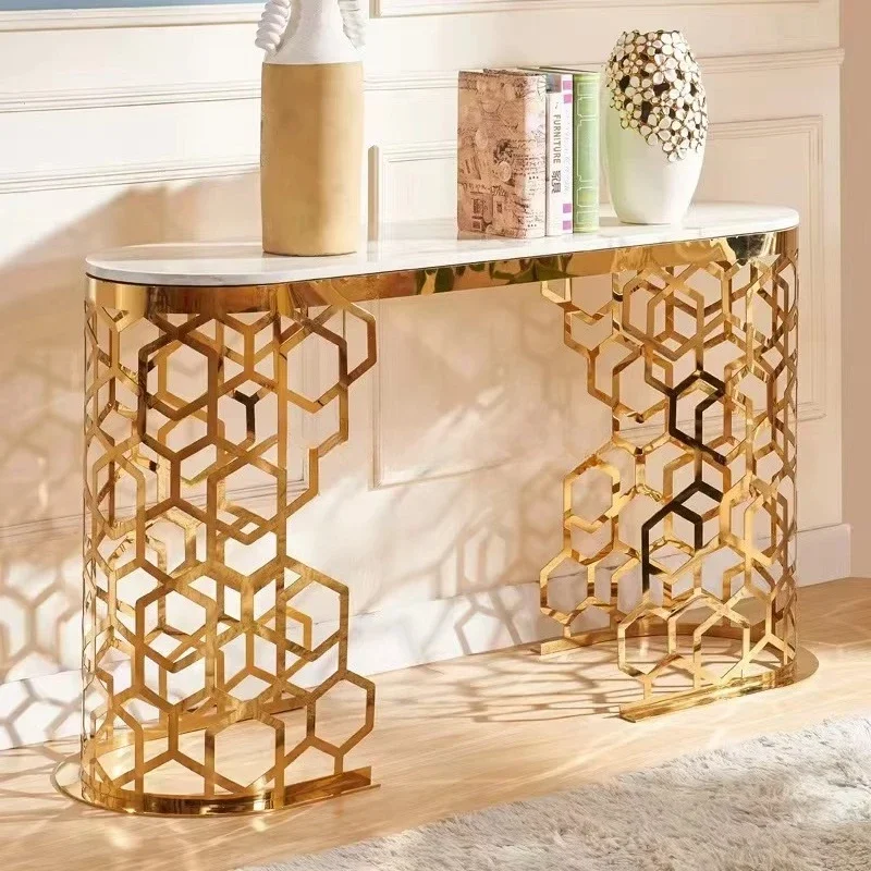 Moderner Einfacher Luxus-Konsolentisch Beistelltisch Marmor Gold Edelstahl Eingangsbereich Wohnzimmer Möbel
