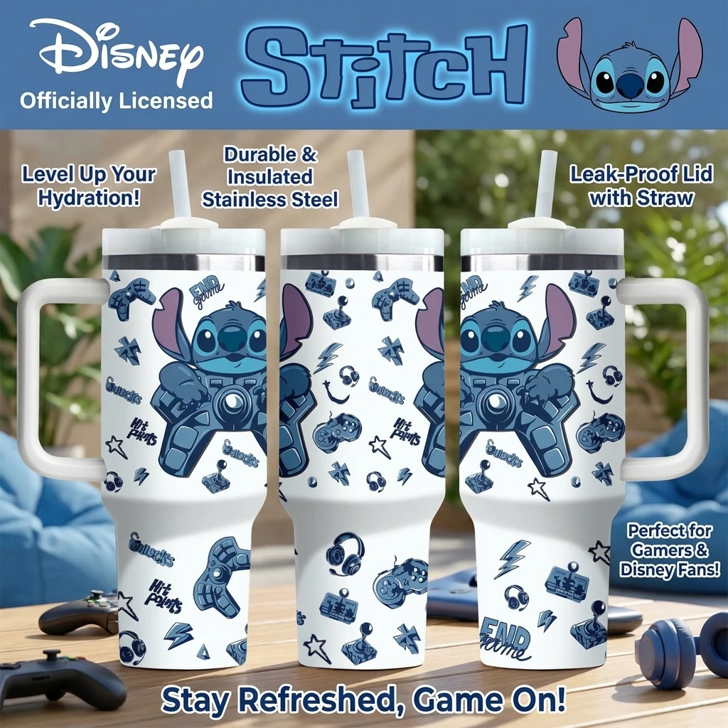 1 Stück 40oz Disney Stitch Edelstahl-Wasserflasche Isolierter Trinkbecher Tragbarer Strohhalmbecher Valentinstag-Geschenk & Täglicher Gebrauch Image