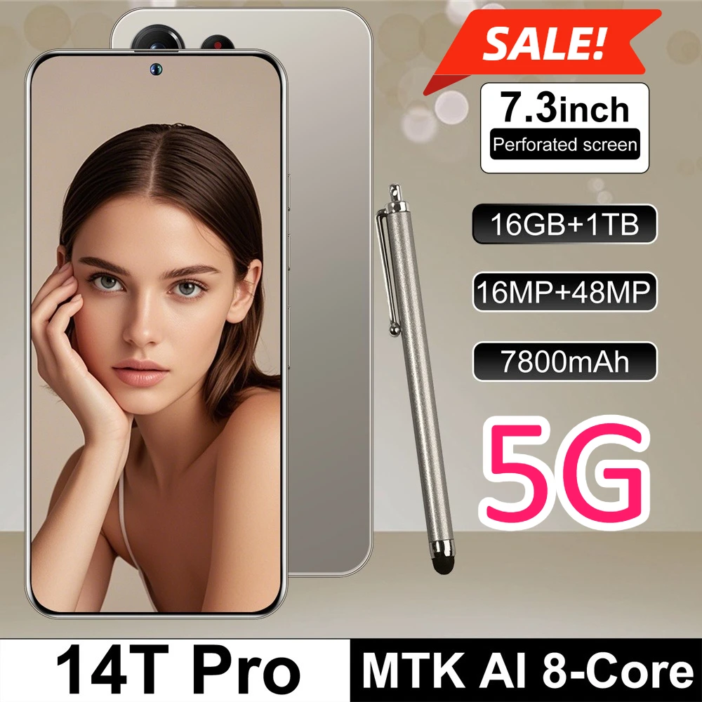 Téléphones mobiles Smartphone Android Smartphone 5G Téléphone portable 14T Pro Écran HD 7,3 pouces 22 Go + 2 To Appareil photo 16+48 MP Batterie 7800 mAh Débloqué en usine Double SIM Reconnaissance