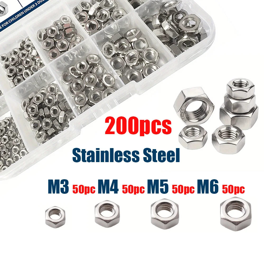 200-teiliges Edelstahl-Sechskantmuttern-Set, M3, M4, M5, M6, Zubehör für Industriegeräte Image