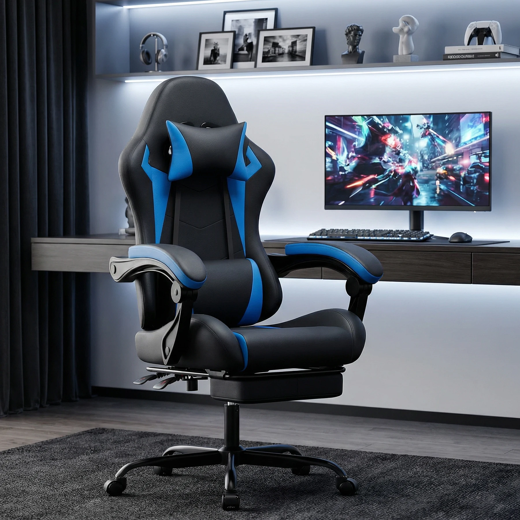 Schwarz-blauer Gaming-Stuhl aus PU-Leder, ergonomischer Computerstuhl im Racing-Stil mit Fußstütze, höhenverstellbarer Drehstuhl mit Lendenwirbelstütze und Kopfstütze für Erwachsene, Jungen und