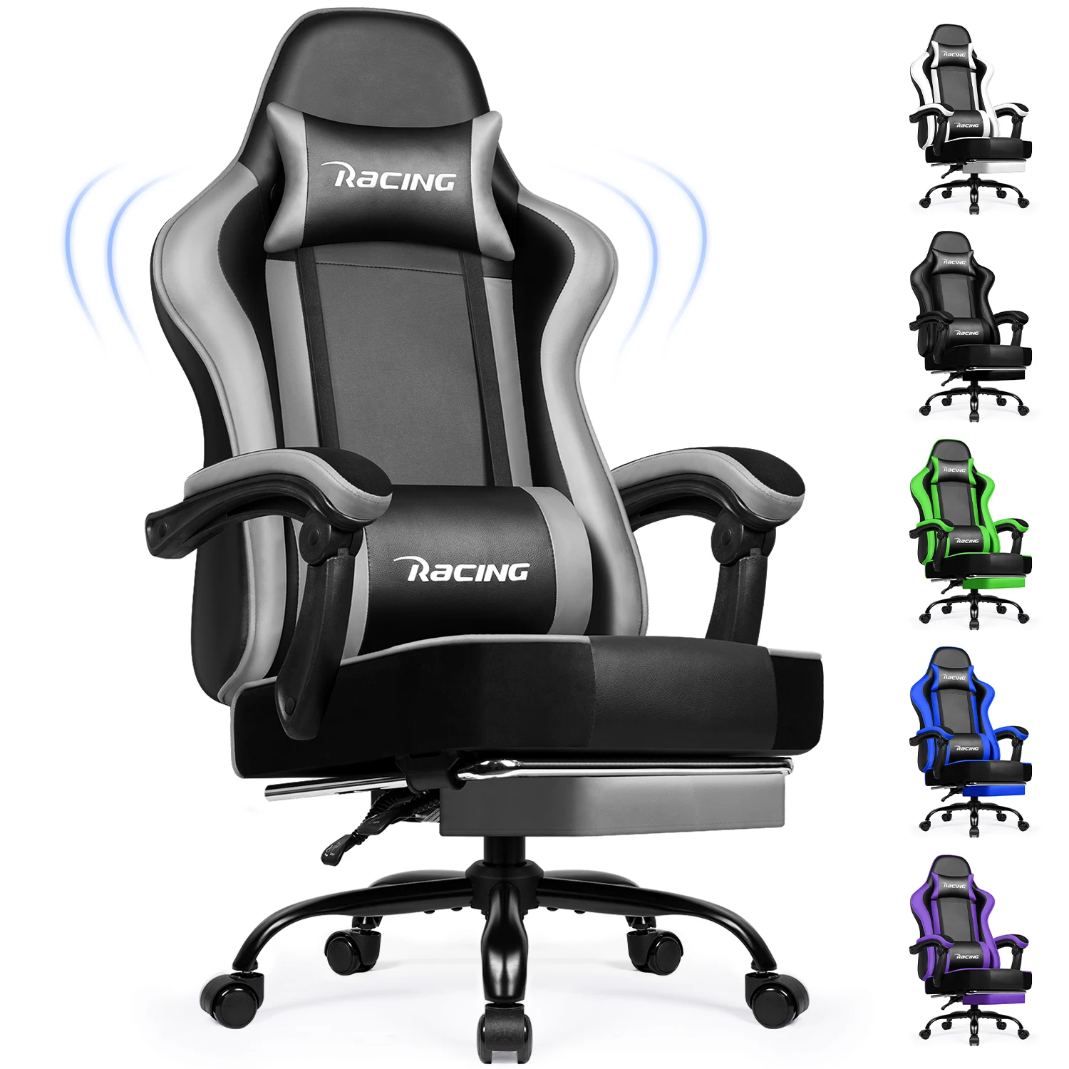 Portreen Gaming-Stuhl mit Fußstütze, ergonomischer Gaming-Stuhl, Gaming-Sessel mit verstellbarem Lendenkissen, Kopfstütze, höhenverstellbar drehbar, Schaukel-Funktion bis 170°, Gaming-Stuhl 150 kg,