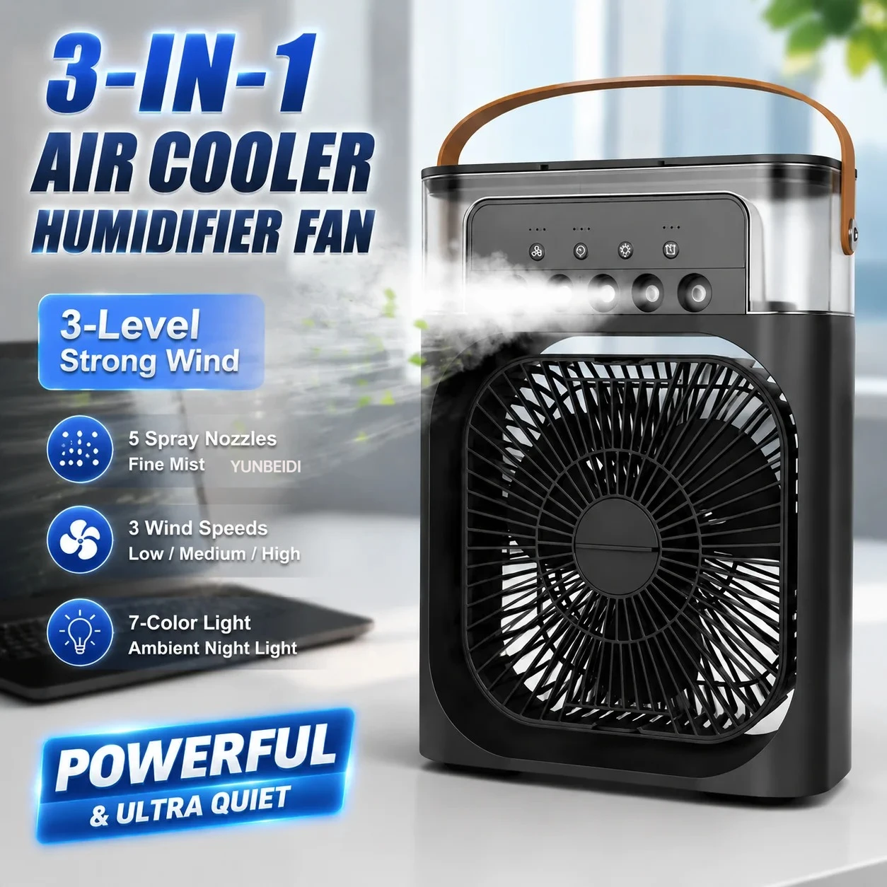 Ventilateur-climatiseur 3-en-1 avec lumière LED, humidificateur portable, ventilateur-climatiseur 3/4 vitesses, ventilateur de pulvérisation d
