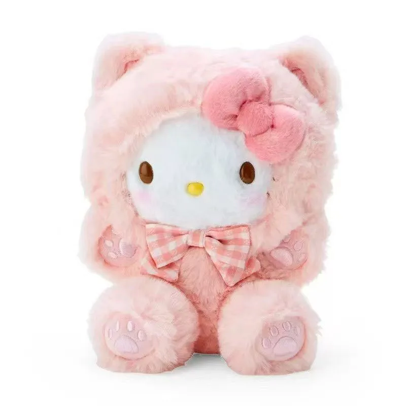 Kawaii Niedliches Hello Kitty Bären-Kostüm Plüschtier 23cm Süße Rosa Stoffpuppe mit Kariertem Schleifenknoten als Geschenk für Fans, Mädchen und Familie Image