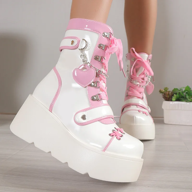 Chunky Plattform Punk Kurze Stiefel Frau Mode Schnalle Nette Rosa Stiefeletten Frauen Pu Leder Starke Absatz Motorrad Botas