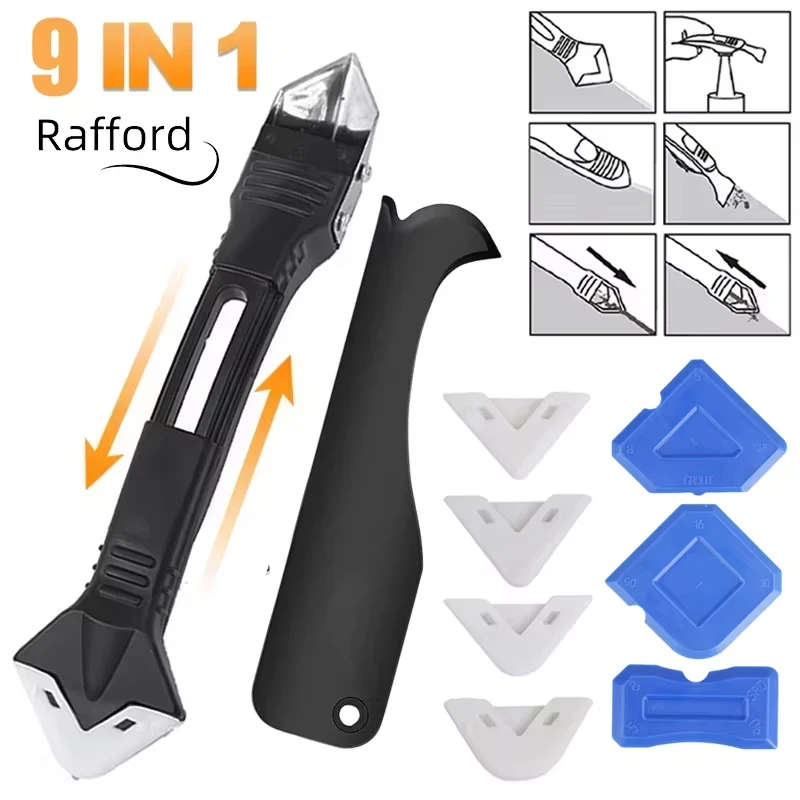 Kit de 9 outils en métal et silicone : raclette, spatule, couteau à colle, outil de calfeutrage, outil de finition d'angle, outil pour fissures, truelle et grattoir à joint