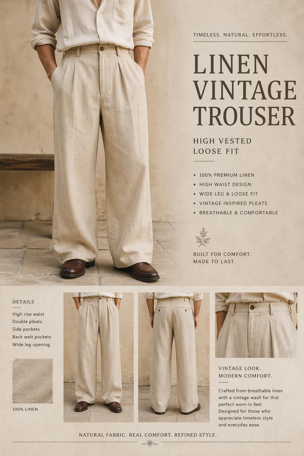 Herren Vintage Leinenhose - Hoch taillierte Hose mit weitem Bein und lockerer Passform