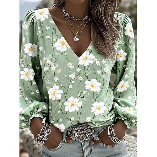 Damen Hemd Druck Blumen Grafik Bohemien Urlaub Vintage Langarm Laternenärmel V Ausschnitt Normale Oberteile Lässig Täglich Ferien Blau Rosa Purpur Grün Sommer Frühling Image