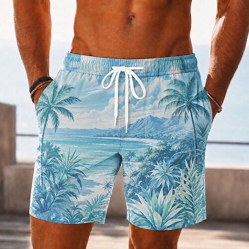 Herren Kokospalme Tropische Pflanzen Meereswellen Badehosen Badeanzüge Badeshorts Boardshorts Mittlere Taille Hawaiianisch Täglich Strandurlaub Seitentaschen Netzfutter Elastischer Kordelzug in der Image