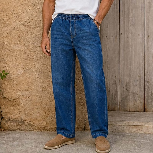 softfade™ Herren-Freizeithose aus 100 % Baumwoll-Denim mit Tasche, elastischem Bund, geradem Bein, einfarbig, bequem, weich, in voller Länge, lässig, für Alltag, Outdoor, Streetwear, dunkelblau, hellblau, ohne Gummizug