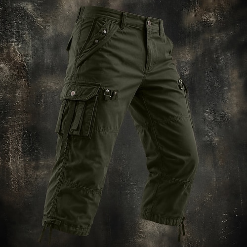 Herren Cargohose Cargohosen Cargo-Shorts Shorts Freizeitshorts Kleine Caprihose Tasche Elastischer Bund Einfach Einheitliche Farbe Wadenlang Lässig Outdoor Streetwear Mode Streetwear Khaki Schwarz Image