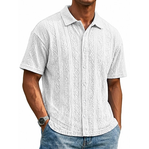 Herren Hemd Freizeithemd Knopfhemd Jacquard-Hemd Schwarz Weiß Hellgrün Marineblau Braun Kurzarm Einfach Hemdkragen Lässig Täglich Bekleidung Elegant Mode Lässig Image