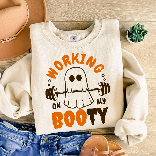 Halloween Ghost Gym Shirt Working On My Booty Funny Workout Tee mint m sweatshirt