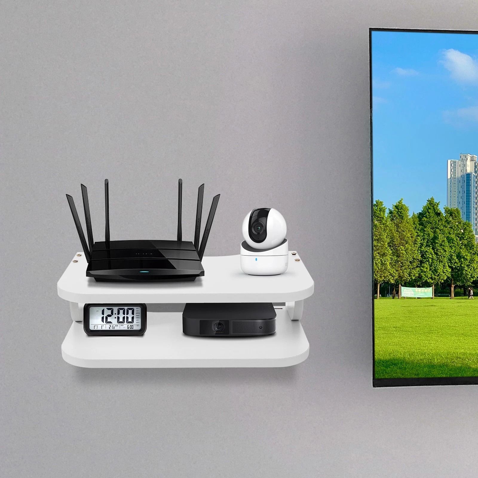 Modern White Floating Shelf For TV Components & Set top Box Storage Rack Modern White Floating Shelf For TV Components & Set top Box Storage Rack