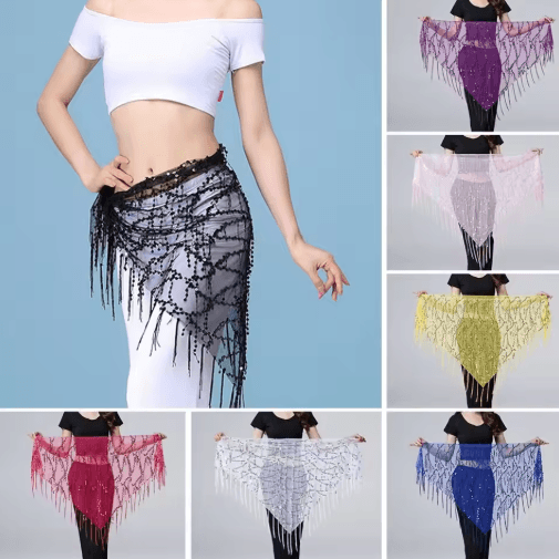 Sequin Tassel Belly Dance Hip Scarf For Womens Dance Costumes pink