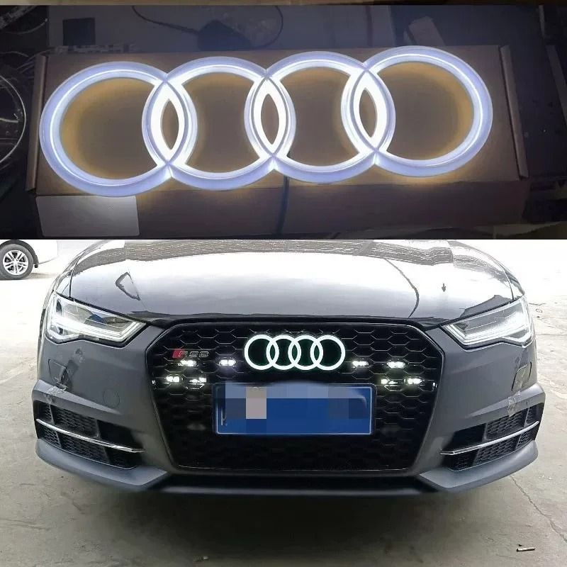 Audi Front Grill LED Emblem Light For A3 A4 A5 A6 A7 A8 Q3 Q5 Q7 2026 Illuminated Logo Badge blue Light silver Static 9.80x3.50in
