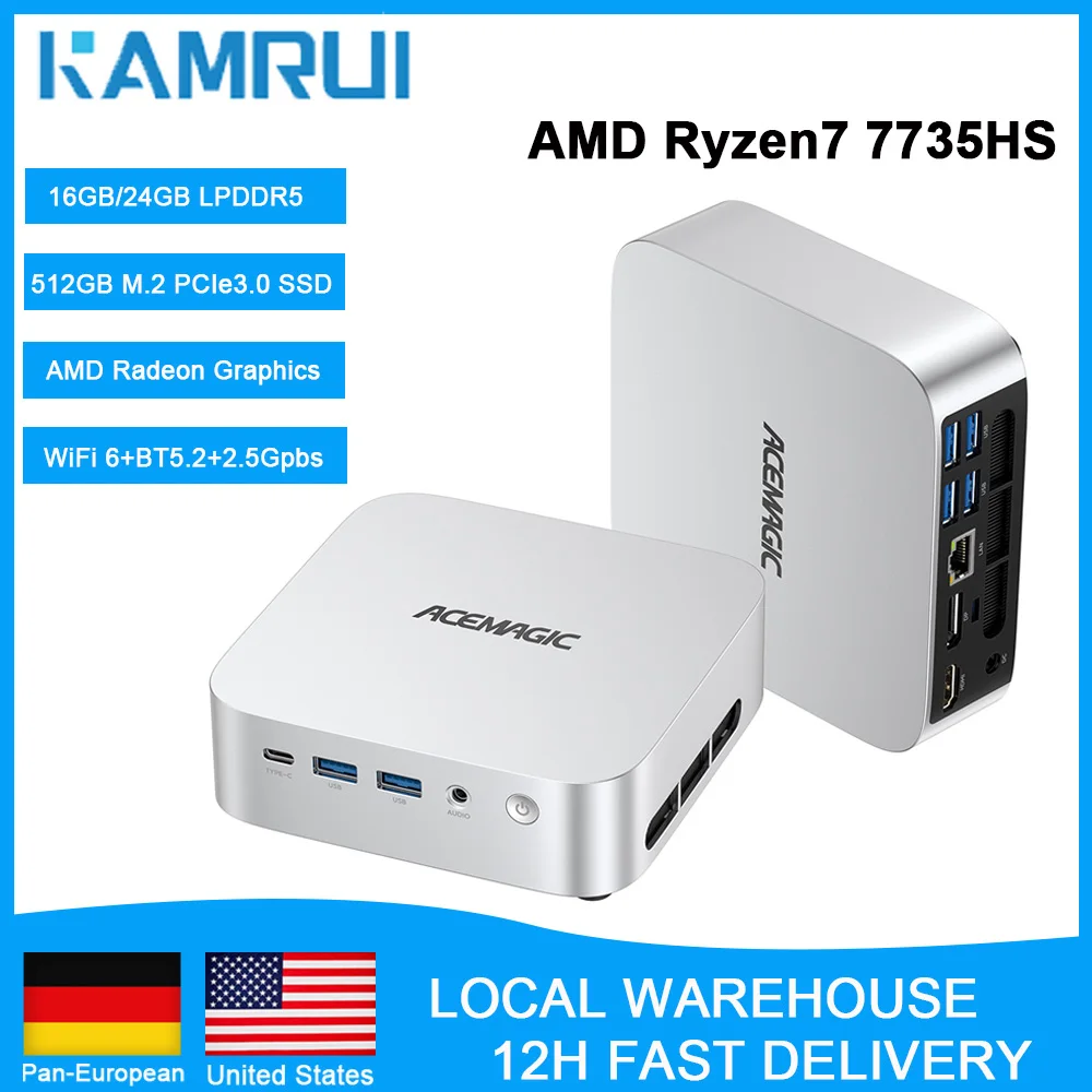 KAMRUI AMD Ryzen 7 7735HS Mini-PC 8-Kern 16-Thread 24GB LPDDR5 512GB NVMe PCIe3.0 SSD WiFi 6 Radeon 4K Gaming Desktop-Computer