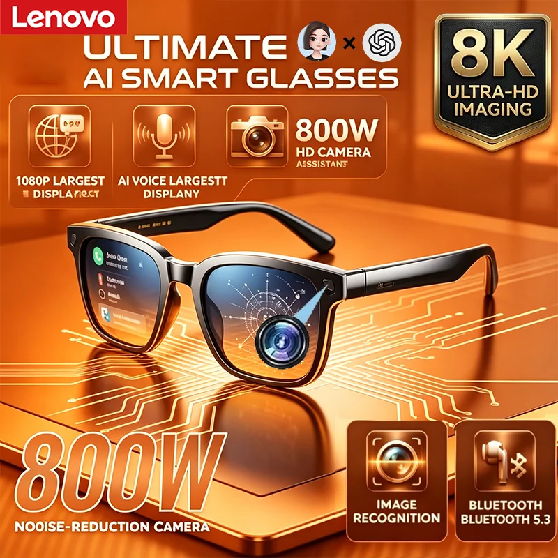 Lenovo für Männer und Frauen 8MP KI-Smart-Brille 8k HD Kamera-Brille KI-Aufweckfunktion Bluetooth Musik-Audio-Sonnenbrille Sprachübersetzung Image