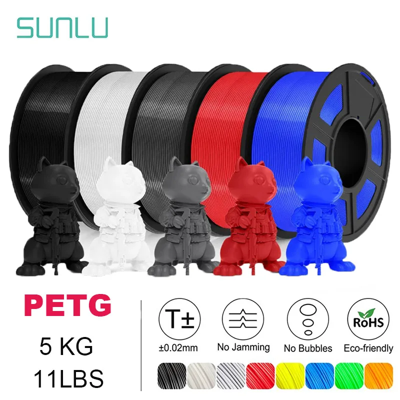 SUNLU 5-Rolle PETG/PETG-Klargelfilament 1,75 ± 0,02 mm 1 kg Spule (2,2 lbs), hohe Zähigkeit, ordentlich gewickeltes Filament, passend für die meisten FDM-Drucker Image