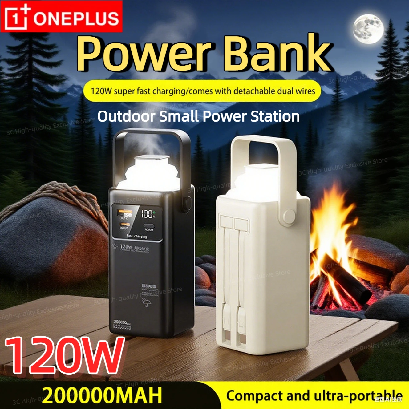 Oneplus 200000 mAh tragbare Powerbank für den Außenbereich, verstellbare LED-Lampe, integriertes Kabel, tragbare Schnelllade-Notstrombank Image