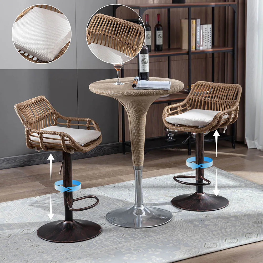 Comanlai 2 Stück Barhocker Rattan-Barstühle mit Kissen Fußstütze Boho Thekenhocker Höhenverstellbar 360° Drehbar ° Drehbare Barhocker