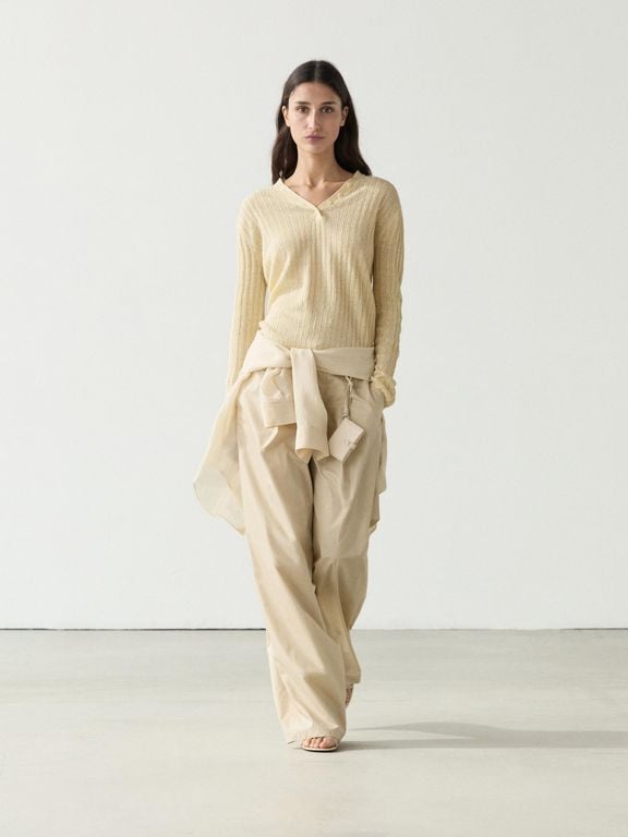 100% Linen Knit Sweater With Button Details - Natural - MASSIMO DUTTI Knitwear