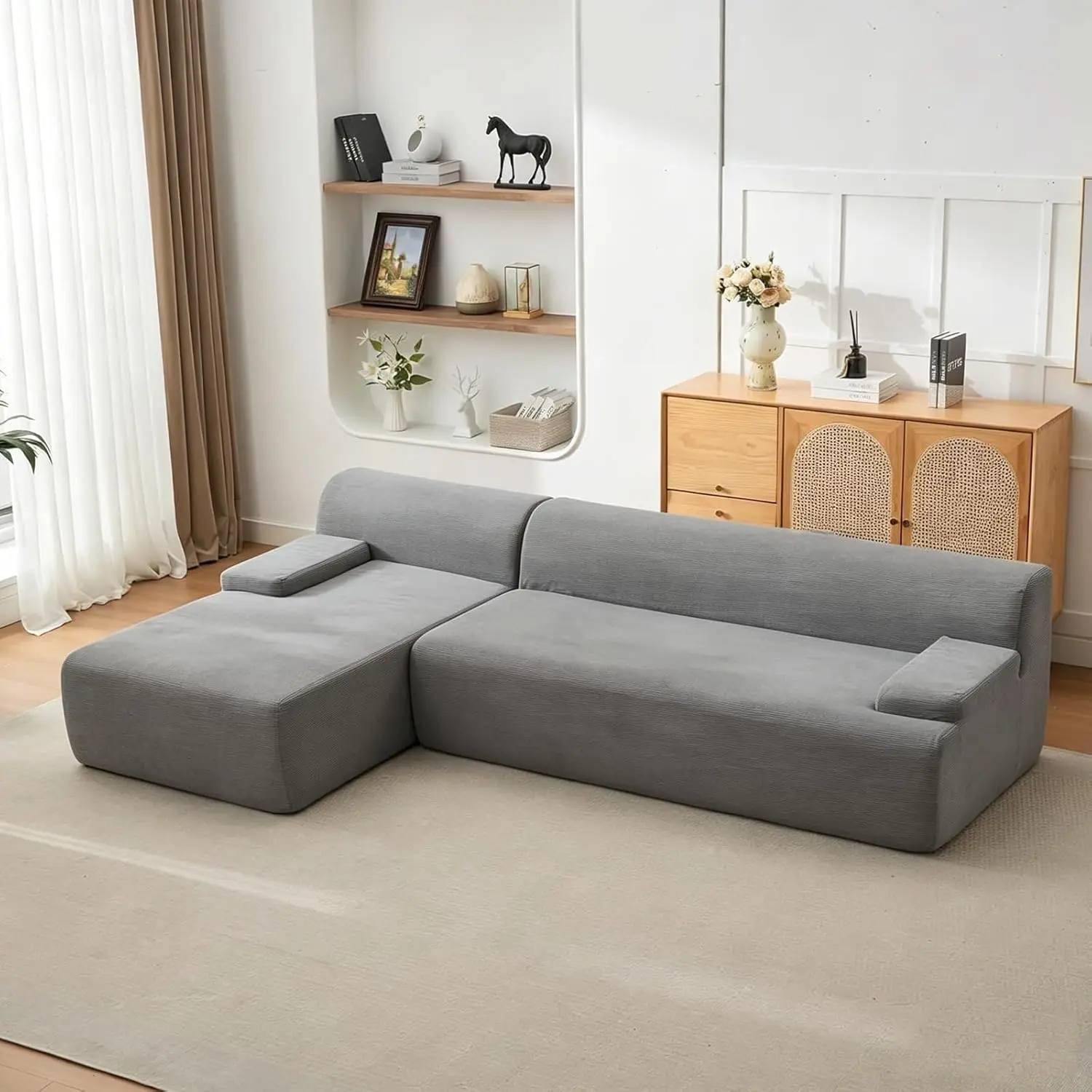 108-Zoll Modulares Knochenloses Sofa für Wohnzimmer: L-förmiges Sofa mit Tiefsitz & Übergroßer Chaiselongue, Ultra-Weiches Cord-Schlafsofa für Apartments, Keine Montage Erforderlich, Komfortable