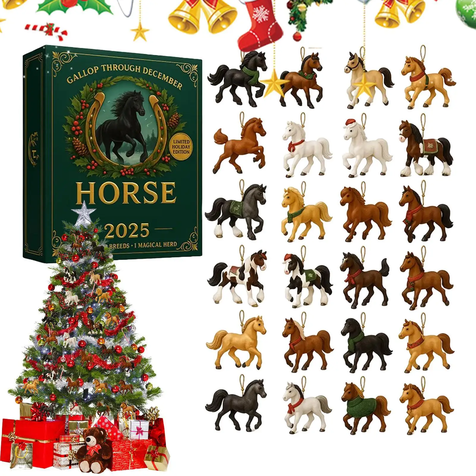 24 Tage Weihnachtskalender Advent 2D flacher Acryl-Anhänger Dekor 2025, Pferde-Anhänger, Countdown-Kalender für Wand, Tür, Baum, Innenbereich Image