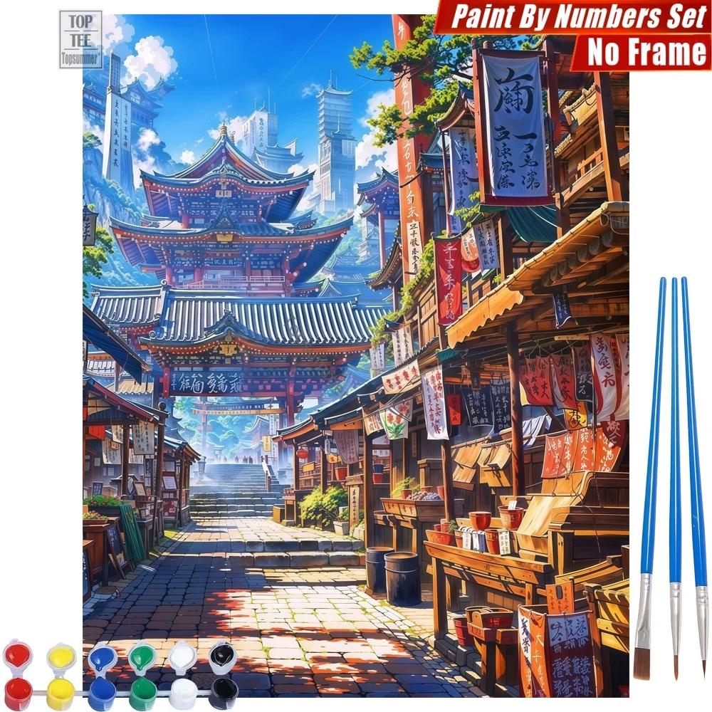 1-teiliges rahmenloses antikes japanisches digitales Ölgemälde-Set – Straßenschrein, Wolkenkratzer, Raumdekoration, Neujahrsgeschenk für Gr Image