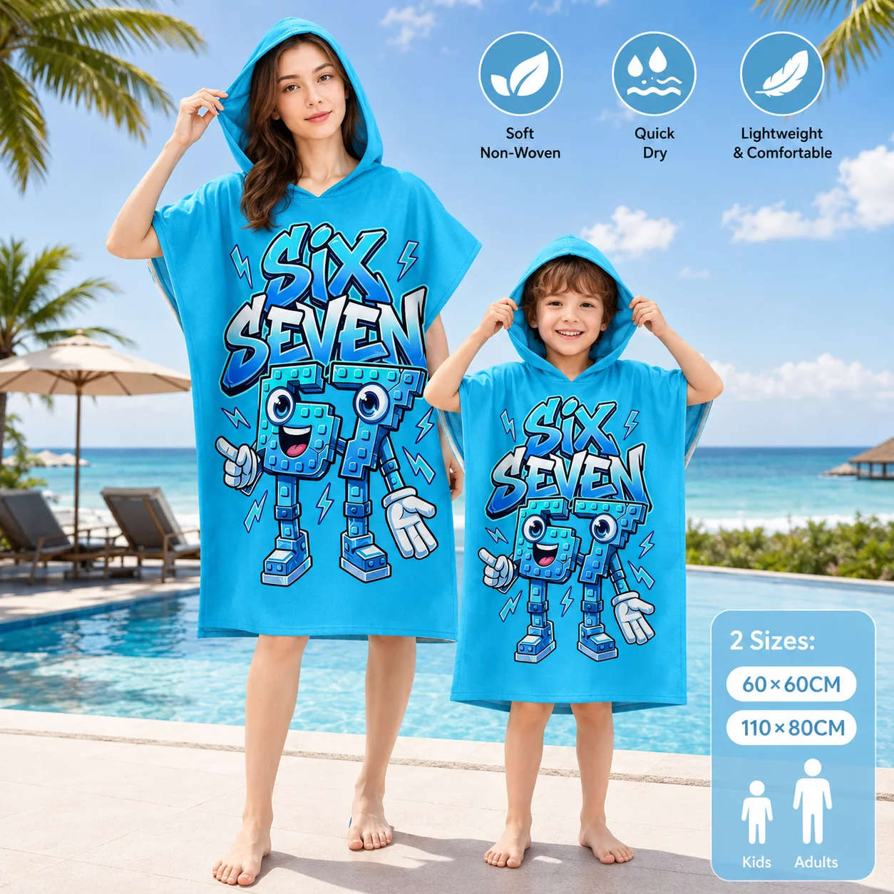Six Seven Cartoon-Roboter-Kapuzenhandtuch mit Flachdruck, Cool Block Charakter-Bademantel für Kinder und Erwachsene, Pool-Party, Outdoor-Geschenk