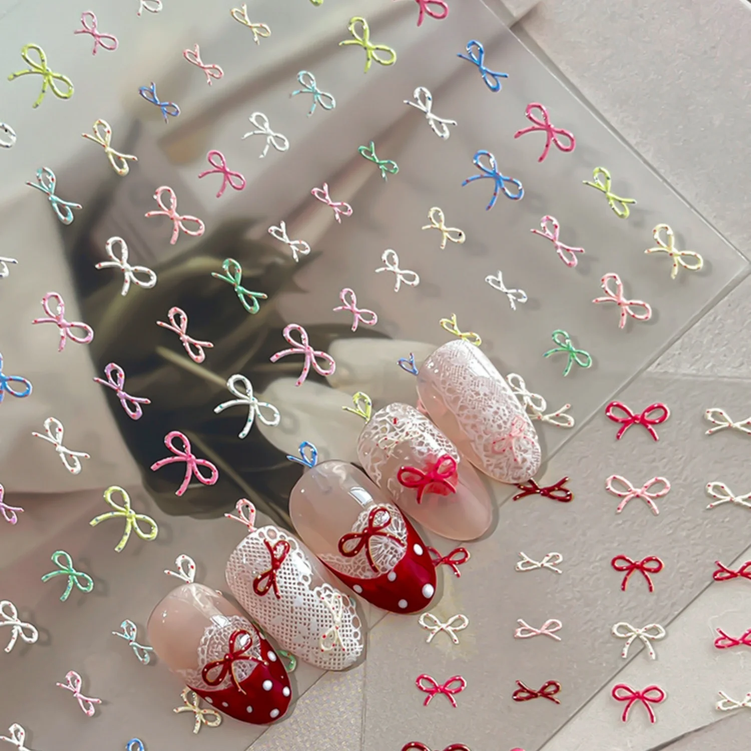 5D Minimalistische Französische Ballett-Nagelaufkleber, Zarte Dünne Linien, Elegante Schleifen, Selbstklebende Nagelkunst-Sticker, Sanfte Schleifen-Maniküre DIY Image
