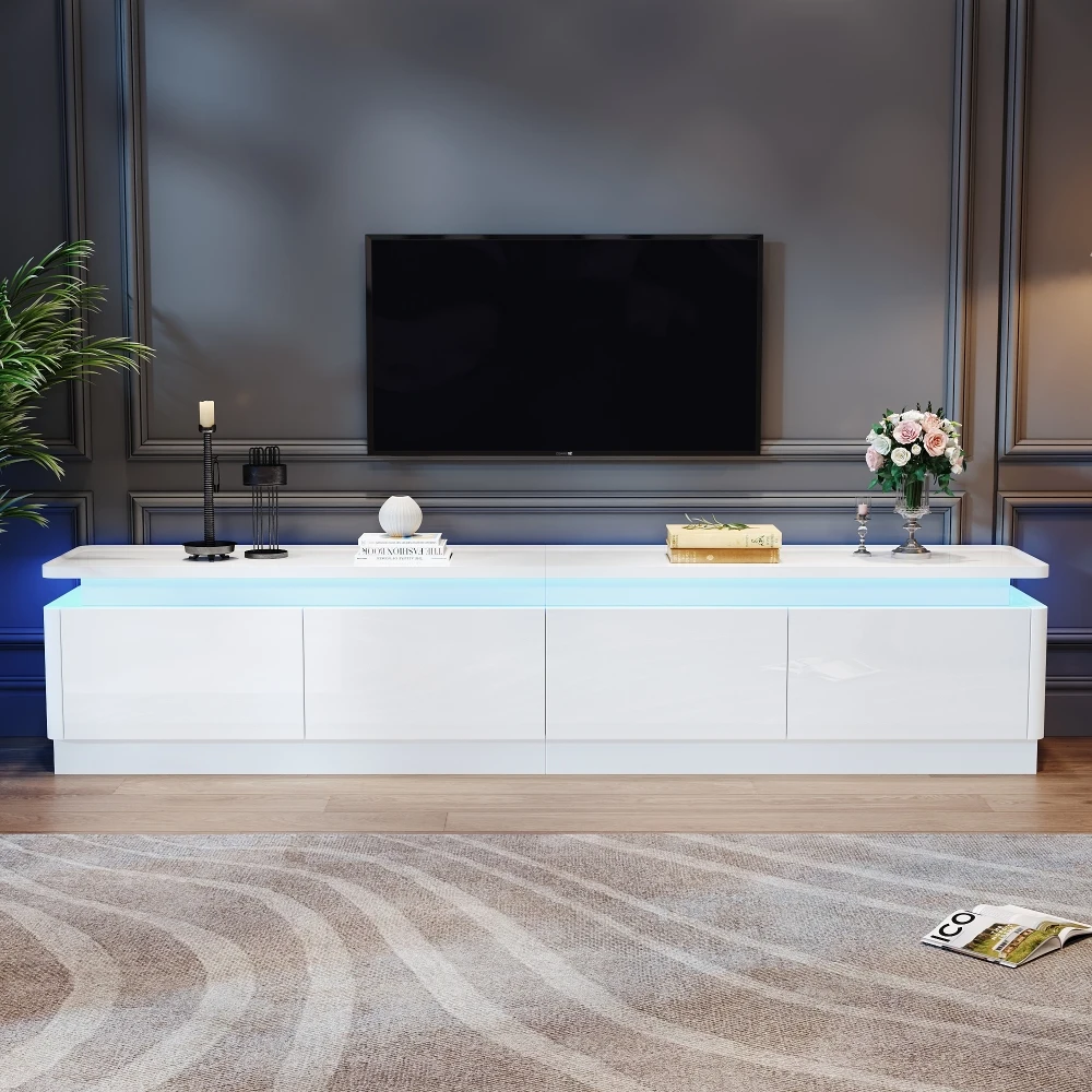 Weißer Hochglanz-TV-Ständer 180×34×40 cm, 4 Schubladen mit LED-Beleuchtung, TV-Schrank geeignet für Fernseher bis zu 80 Zoll Image