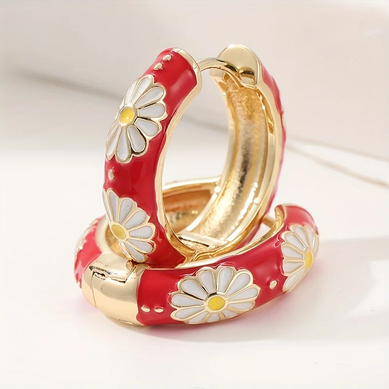 Modische Emaille-Blumen-Creolen in Rot für Damen, Vergoldete Elegante Runde Ohrringe für Bankette und Partys, Schmuckgeschenke Image