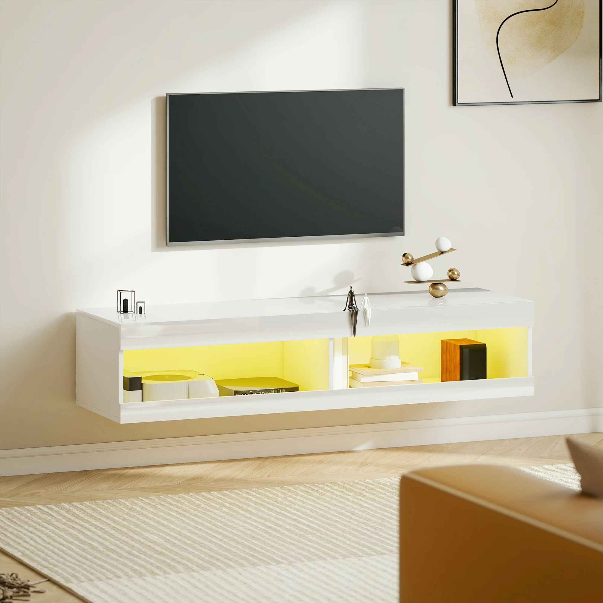 Meuble TV flottant blanc brillant de 140 cm, console multimédia moderne avec éclairage LED RGB et télécommande, meuble TV mural pour téléviseurs de 42 à 60 pouces, meuble de divertissement pour salon,