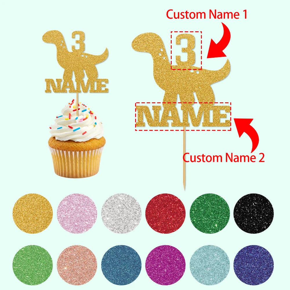 20 Stück personalisierter Kuchen-Topper mit Namen und Alter im Kronen-Design, Jurassic-Dinosaurier, mehrere Farben, geeignet für Geburtstagsfeiern, Jubiläen Image