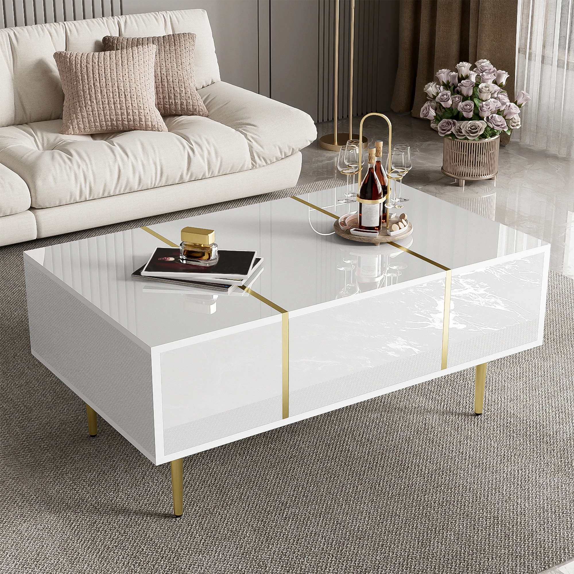 Moderner weißer Hochglanz-Couchtisch mit 2 Schubladen, schlankes und schlichtes Design.