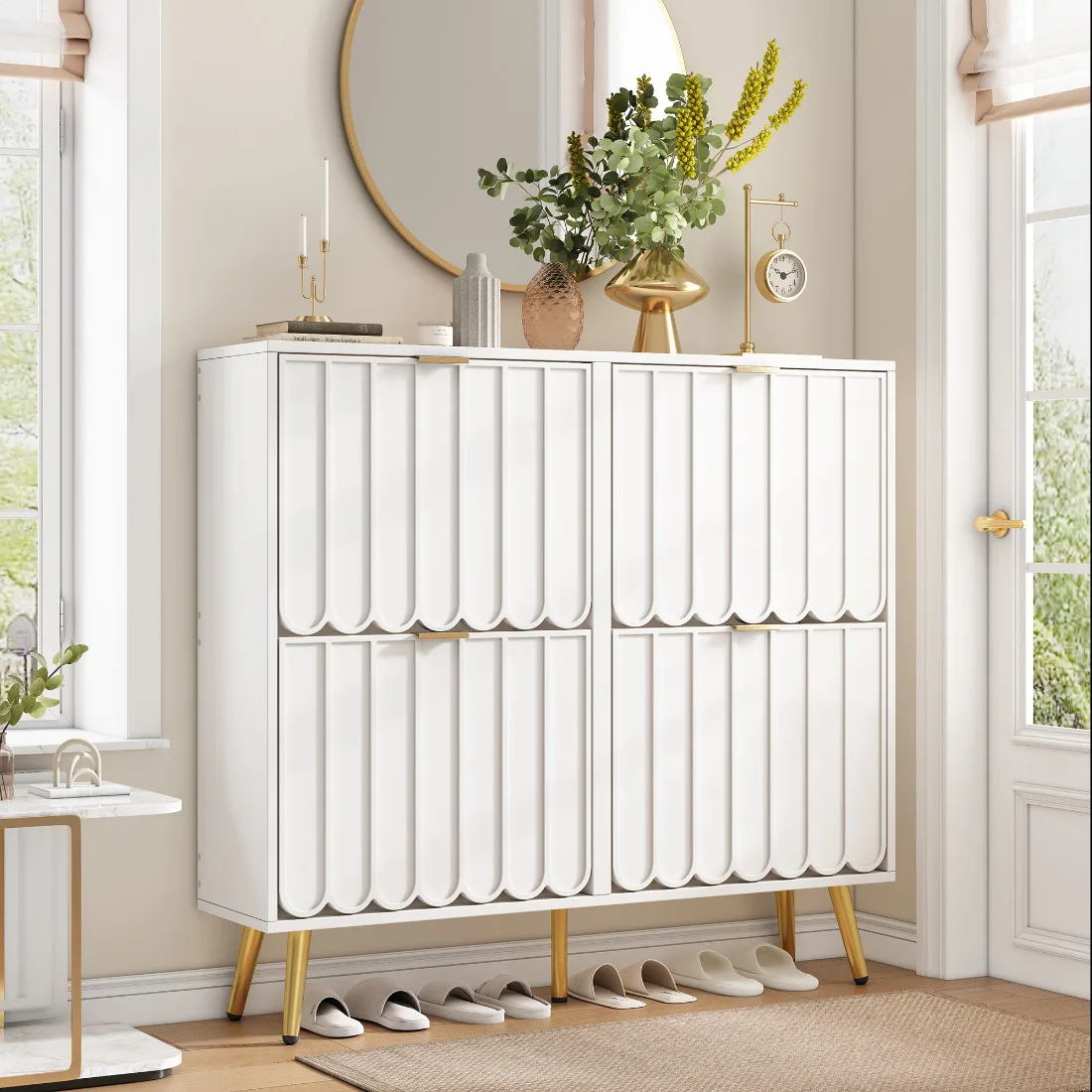 Schmaler weißer Schuhschrank mit 4 Klapptüren, platzsparende Flur-Aufbewahrung, kippsicheres Design & verstellbare Regale, 100×24×91,5cm