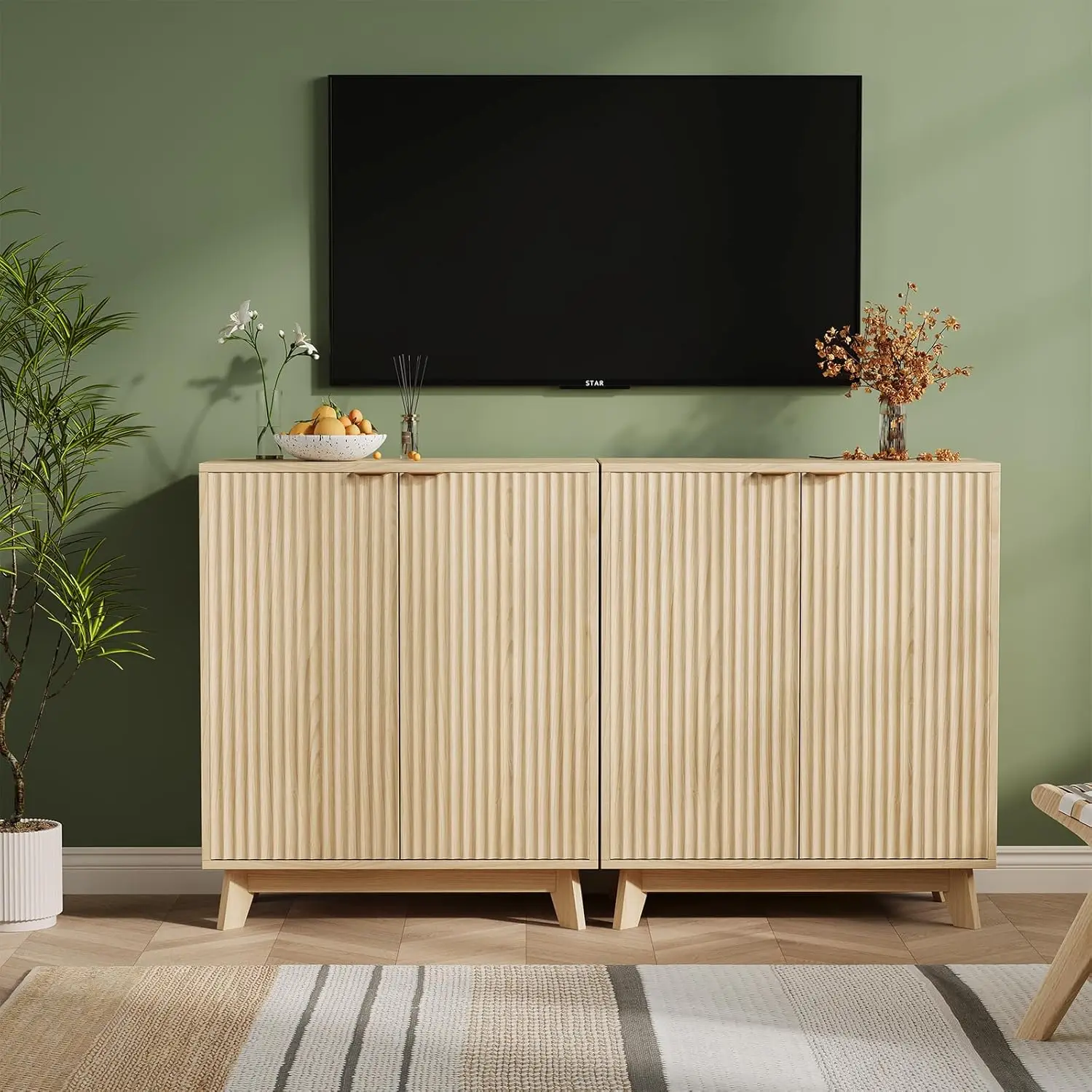 2er-Set Moderne 87,5 cm hohe Sideboards mit geriffelten Türen: Holz-Akzentschrank mit verstellbaren Regalen, großer Kaffeebar-Konsolentisch für Küche, Esszimmer & Eingangsbereich, dekorativer