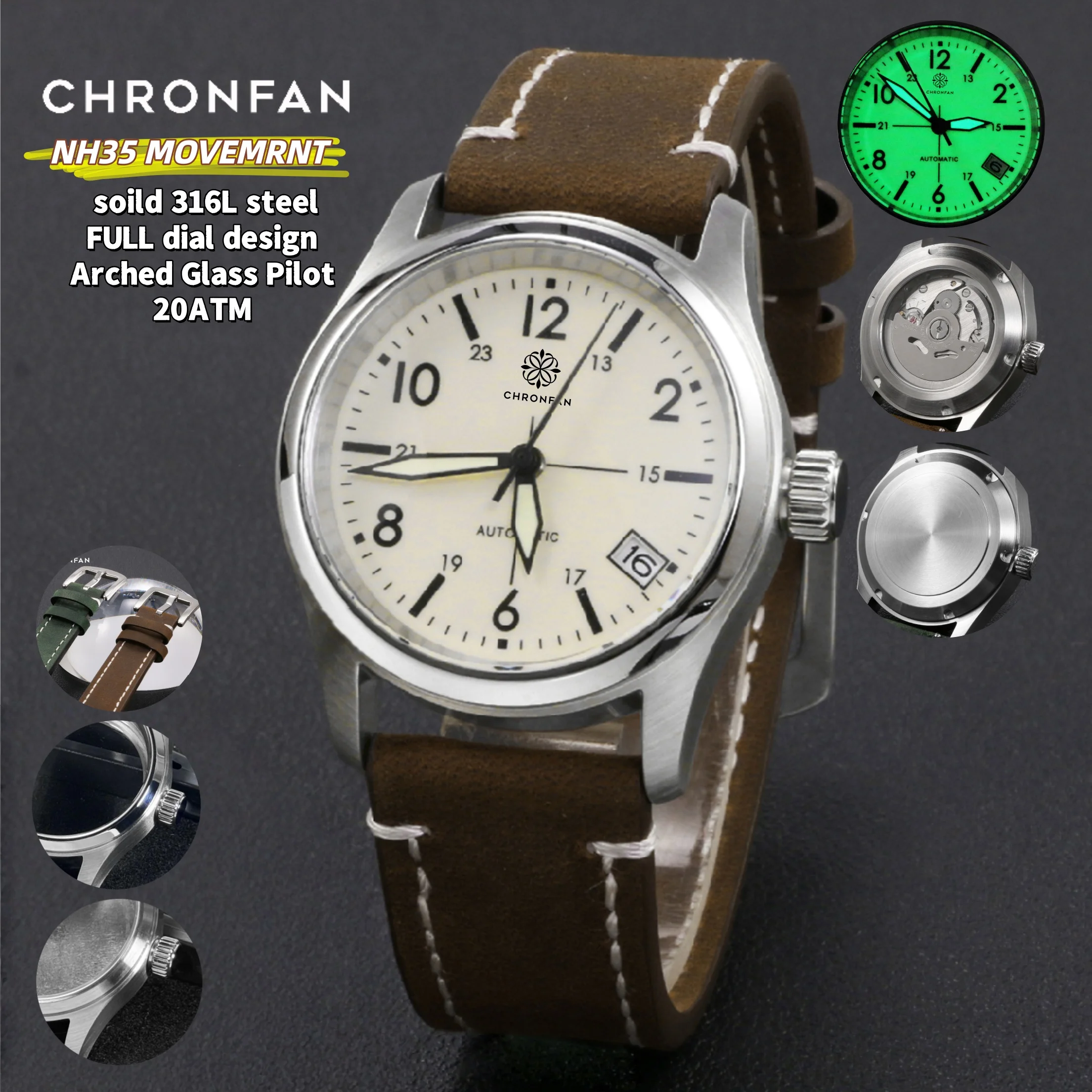 36 mm Vintage Pilot Little Prince Herren-Automatikuhr mit NH35-Uhrwerk, 20 ATM, C3 Full Lume-Armbanduhr, Relogio AR-Saphirglas